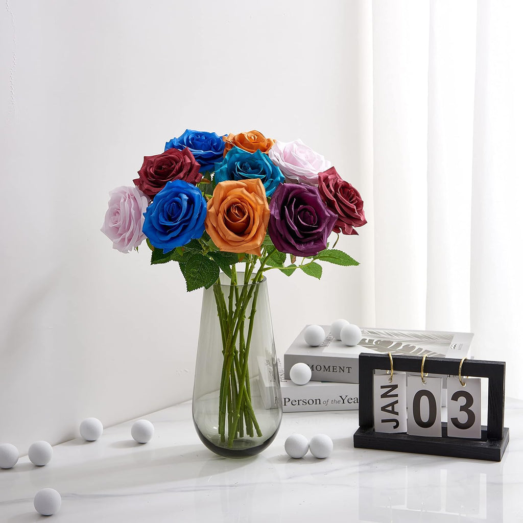 Artificial Rose 10pcs Open Flower Bouquet Faux Rose Stems for Wedding Arrangement, Bridal Bouquet, Centerpiece, Fake Faux Silk Flowers (Royal Blue)