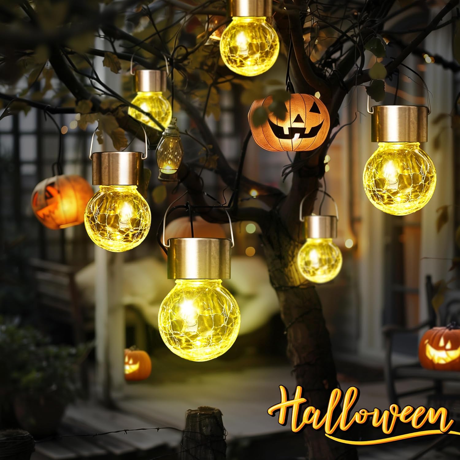 GIGALUMI 8 Pack Solar Outdoor Hanging Lights - Warm White LED, Water Resistant, Glass, Rechargeable Battery