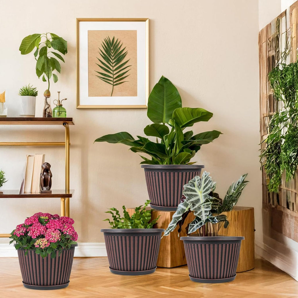 10 Inch Planter-Pots-for-Plants-Indoor-Outdoor, 4 Pack Plastic Flower Pots with Saucer & Drainage Holes, Modern Decorative Resin Garden Pots