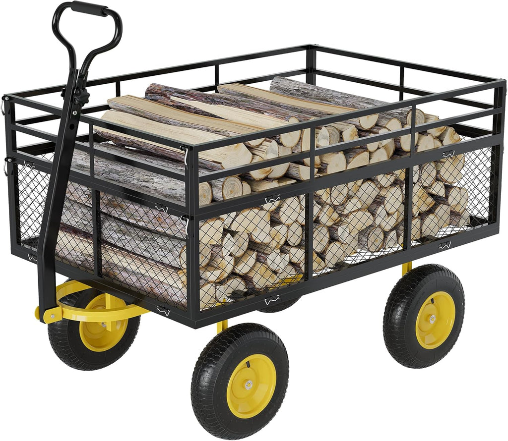 3-in-1 Heavy-Duty Steel Garden Cart, 1400 Lbs Garden Wagon, with 13 Inch All-Terrain Tires and Removable Mesh Side Panels, 180° Rotating Handle, Metal Utility Yard Trailer, Outdoor Gardens Wagon Cart