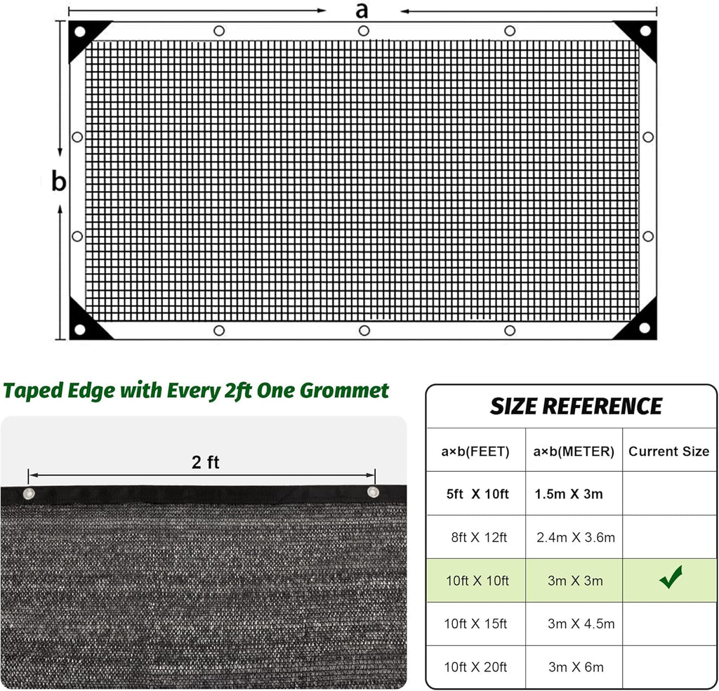 Garden expert 75% Black Shade Cloth 10x10FT Taped Edge with Grommets Sun Net Mesh for Garden Patio Backyard UV-Resistant