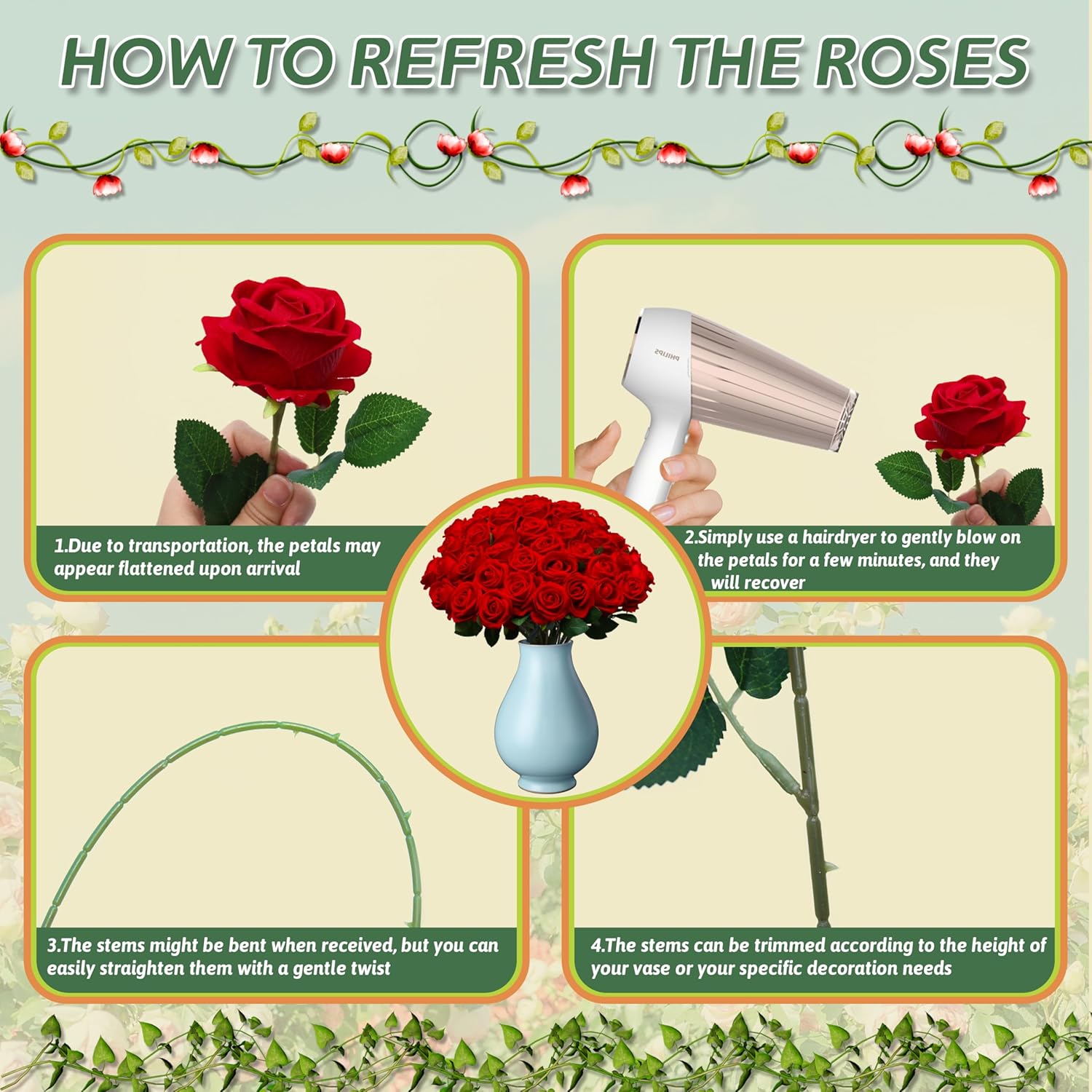 50 PCS Fake Red Roses, Artificial Red Flowers Bulk Realistic Silk Faux Rose with Stems for Wedding Decoration Anniversary Bridal Bouquet DIY Floral Arrangement Romantic Home Decor Gifts