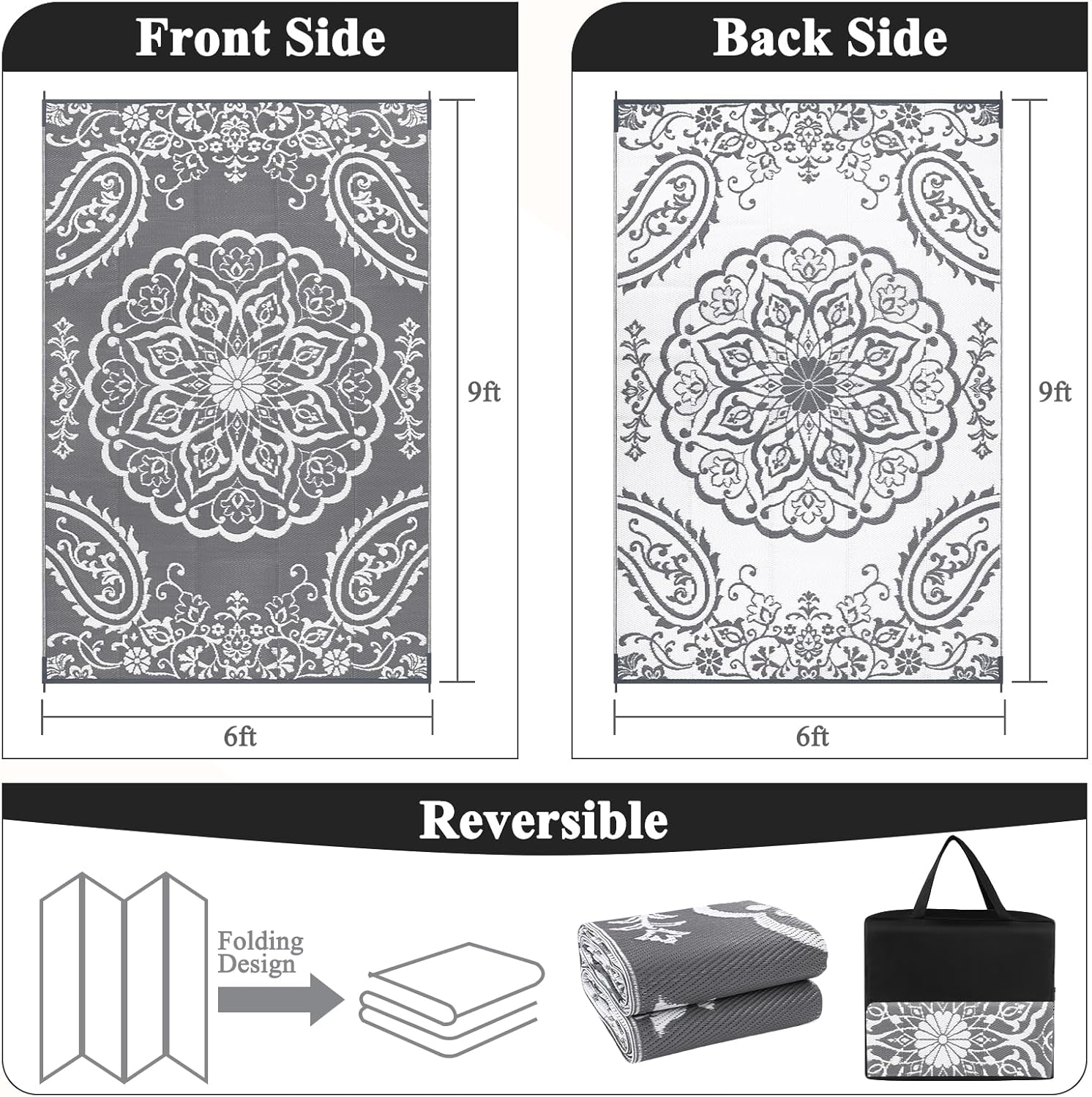 Pauwer Waterproof Outdoor Rug 6x9, Reversible Plastic Straw Patio Camping Rug, Indoor Outdoor RV Mat Carpet for Deck, Camper, Porch, Balcony, Backyard, Picnic, Boho Grey