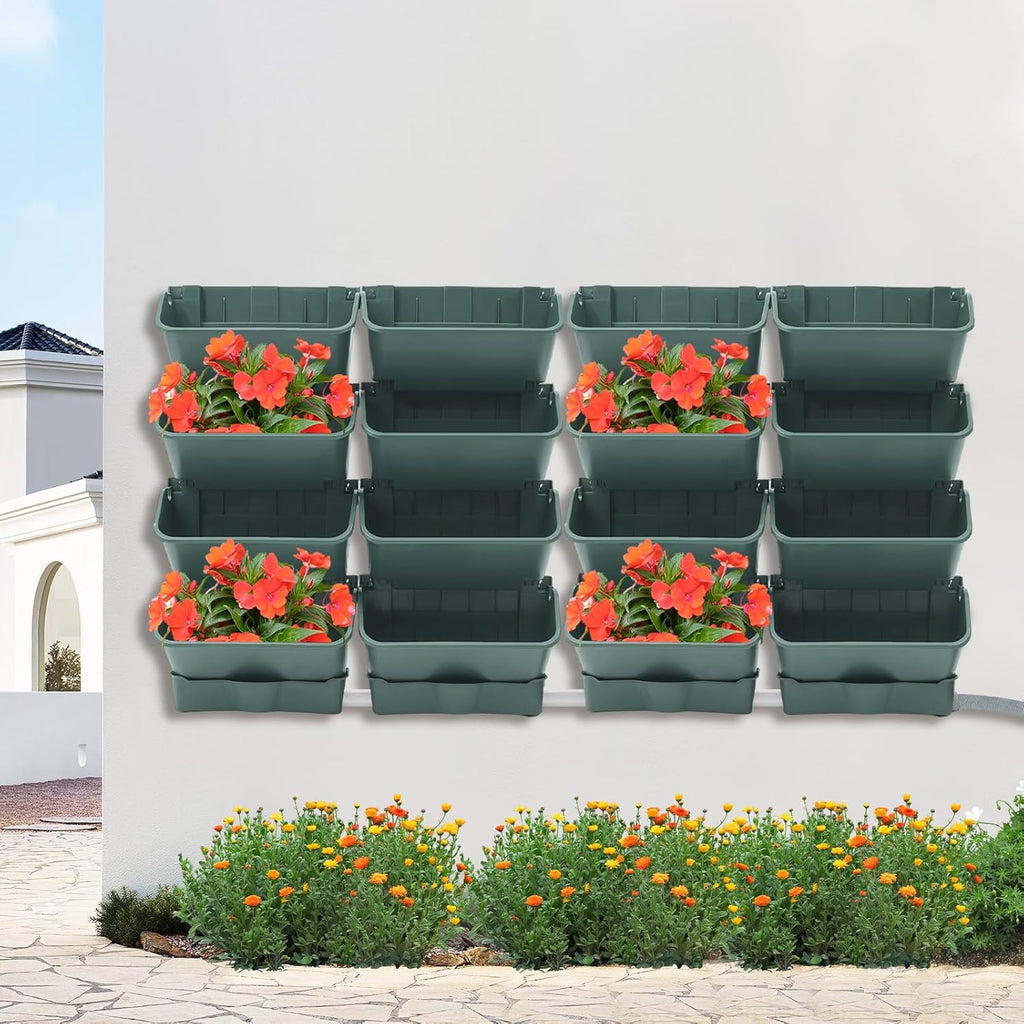 Vertical Wall Planter with 16 Pots, Hanging Garden Plant Flowerpot Holder, Stackable Wall-Mounted Planter, Balcony Planters for Flowers Vegetables Fruits (Army Green, 16 Pots+4 Drainage Planters&Pipe)