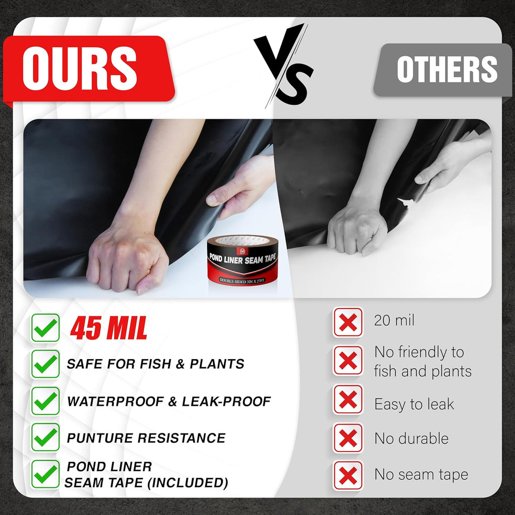 [Premium] 45 Mil LDPE Pond Liner with Seam Tape, 13.1 * 19.7FT Pond Lining for Fish Pond, Performed Garden Ponds, Large Pond Liner for Fishpond, Koi Pond, Waterfall, Streams