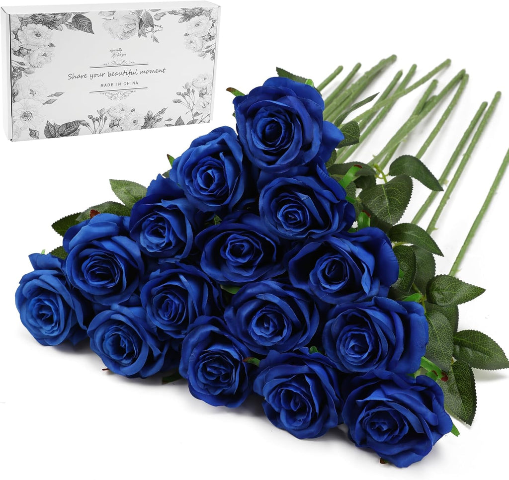 Blue Fake Roses Artificial Flowers - 16 Pcs Fake Artificial Roses Silk Flowers with Stems for Home Wedding Hotel Office Centerpiece Decor