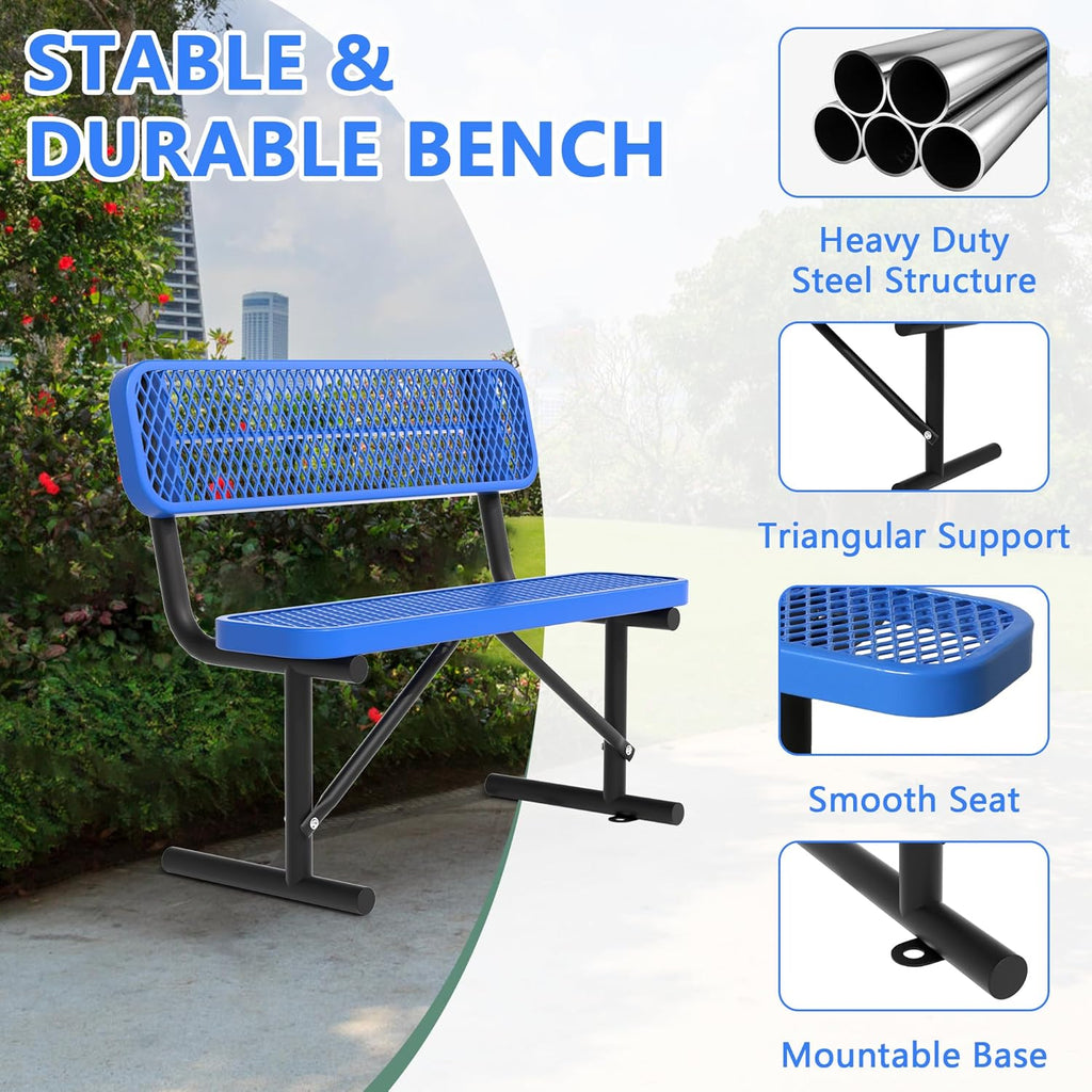 4 Feet Heavy Duty Metal Park Bench for Outside, Outdoor Steel Bench with Backrest & Portable Frame, Commercial Benches for Shopping Malls/Stores/Parks/Patios/Decks/School,Blue