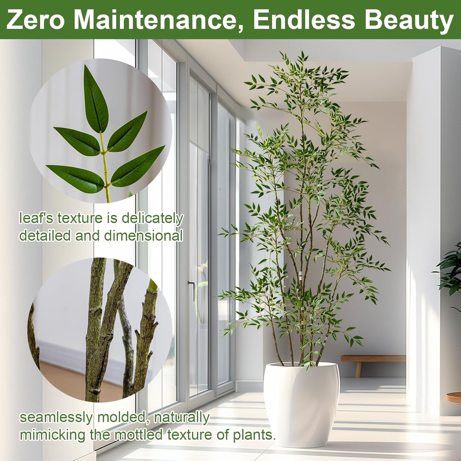 7.2ft Faux Bamboo Tree Artificial Nandina Tree Artificial Indoor Plants Realistic Fake Potted Tree with 800+ Leaves, Cement Planter - Home Office Decor Perfect for Housewarming Gift Non-Toxic
