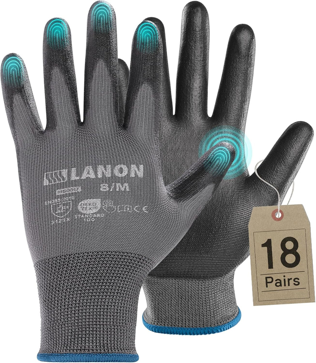 LANON 18 Pairs Safety Work Gloves, Mechanic Working Gloves for Men,Breathable PU Coated, Seamless Knit,Double Wash, Grey, Medium