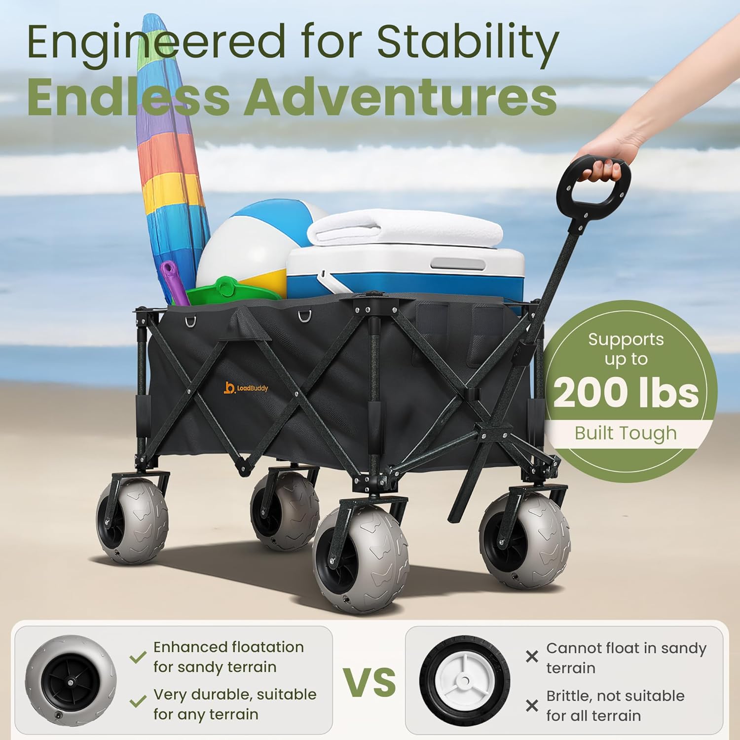 Beach Wagon with 9" Balloon Wheels & Fishing Rod Holders – Foldable Cart for Sand with Inflatable Tires, Bonus Pump & Spare – Heavy Duty Utility Wagon - Black/Black