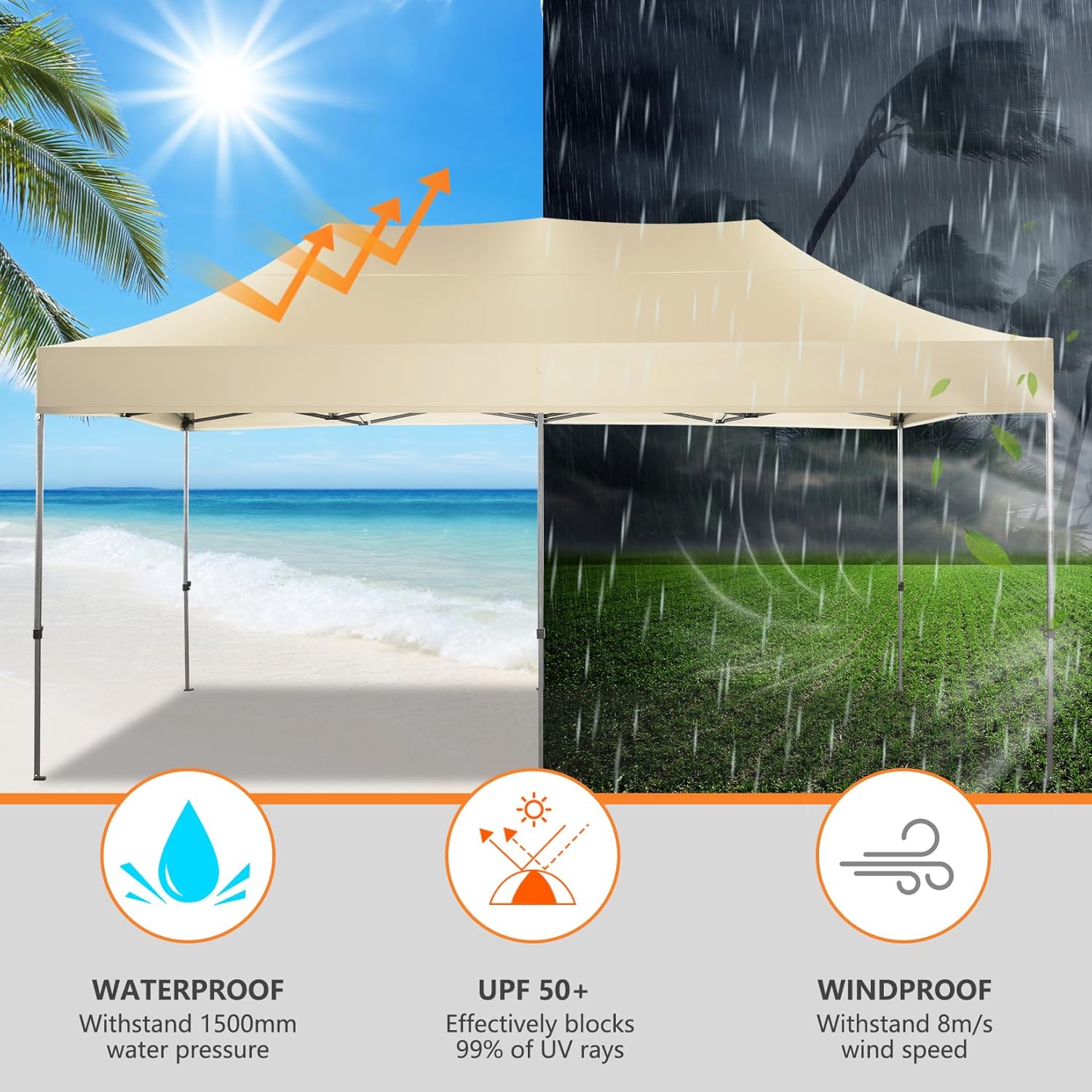 COBIZI 10x20 Pop up Canopy Tent Heavy Duty Without Sidewalls, Easy Set-up Commercial Outdoor Party Canopy, 100% Waterproof Wedding Gazebo, 3 Height Adjustable with Wheeled Bag, Khaki