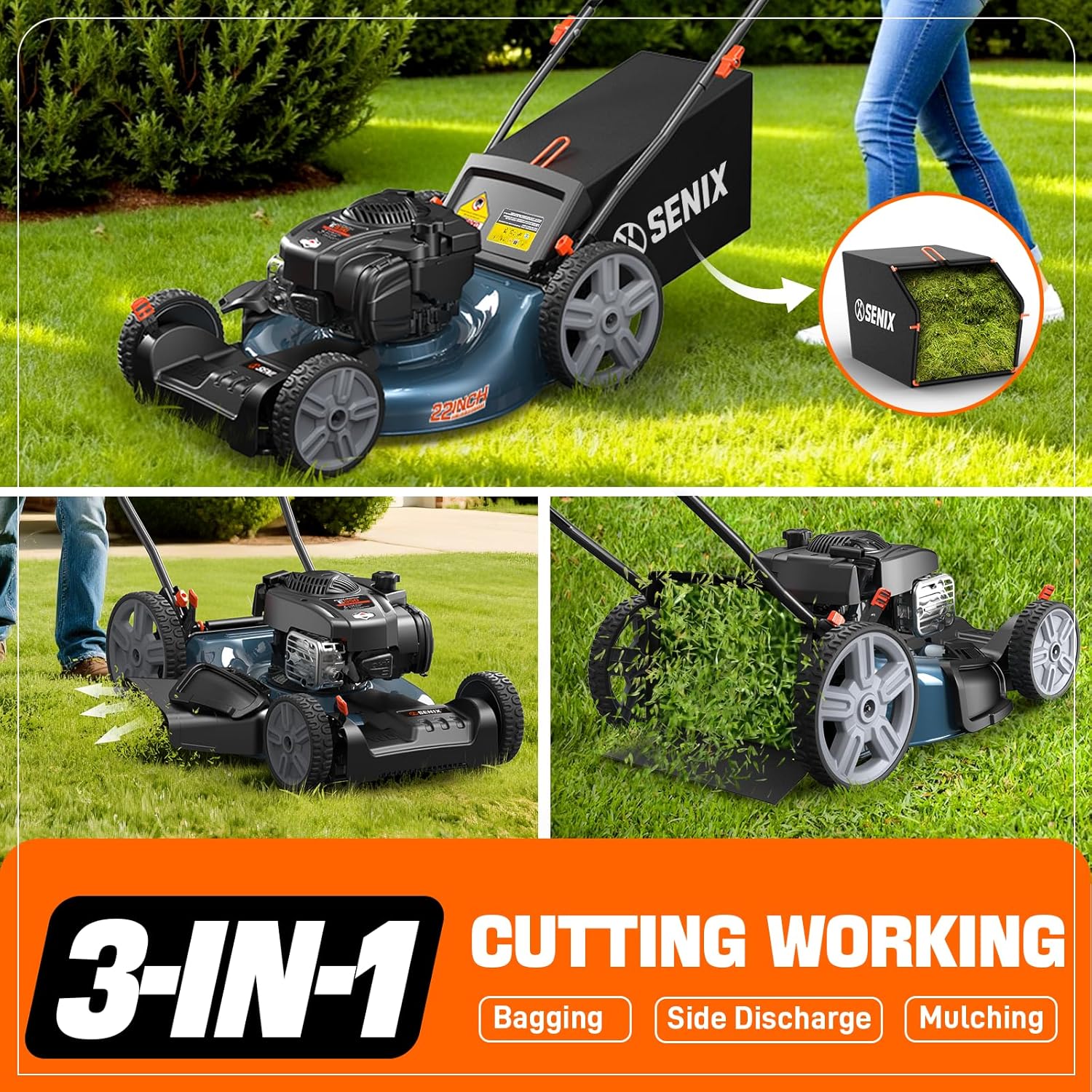 SENIX 21-Inch Gas Lawn Mower Self-Propelled, 3-in-1 Push Cordless Mower with Mulch/Bag/Side-Discharge, 6 Position Adjustable Cutting Height, Steel Deck (LSSG-M1)