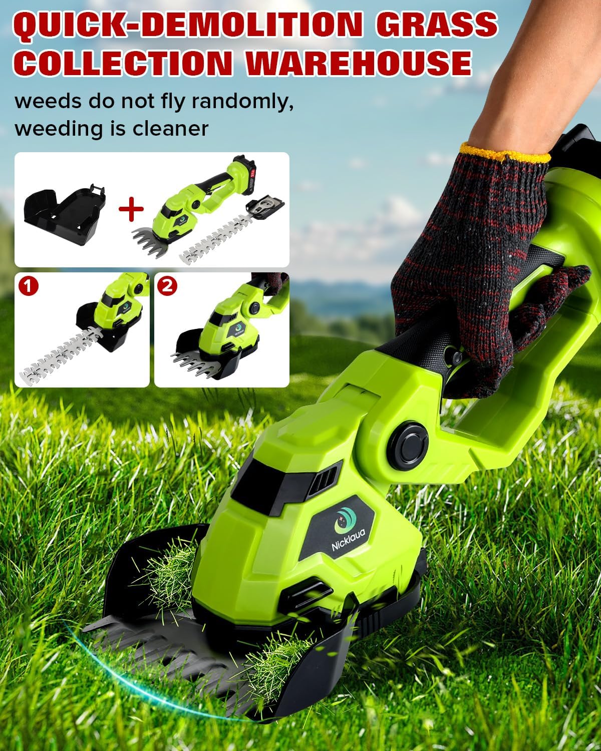 Cordless Hedge Trimmer，2-in-1 Hedge Trimmer，Cordless Grass Shear & Shrubbery Trimmer with Dual-Action Blade Cutting Capacity,Hedge Shear with 2 PCS Rechargeable Battery and Charger for Garden,Lawn