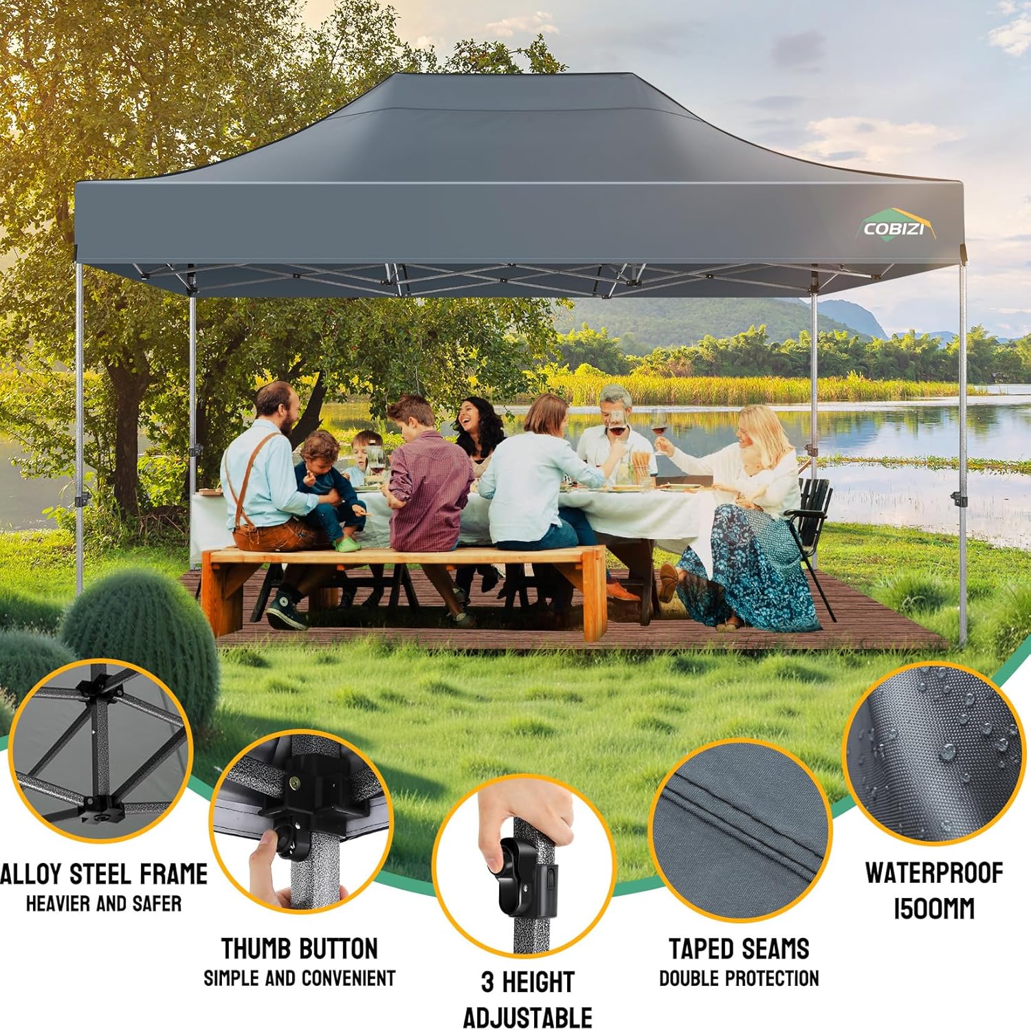 COBIZI 10x15 Pop up Canopy Heavy Duty Without Sidewalls, Easy Set-up Commercial Outdoor Party Canopy, 100% Waterproof Wedding Gazebo, 3 Height Adjustable with Handbag, Gray