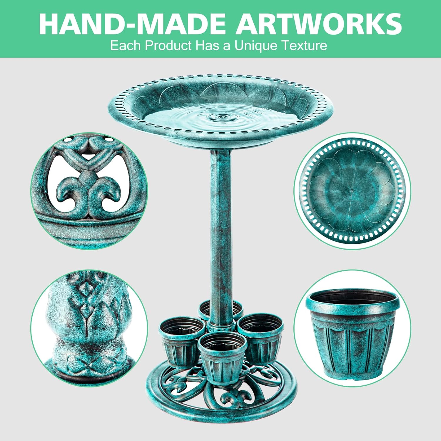 Bird Bath for Outside with 4 Removable Flower Planters 28in Polyresin Lightweight Vintage Birdbath Stake Standing Bowl and Water Feeder Yard Gardan Decor Green