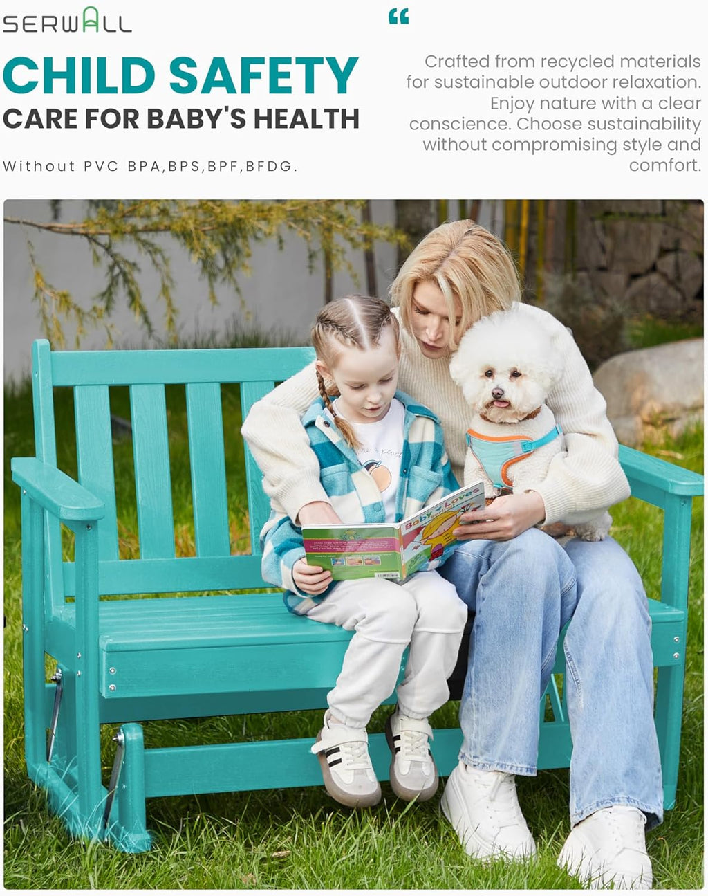 SERWALL 2 Person Patio Glider Bench, HDPE Material Weather-Resistant Swinging Bench for Outdoor Porch Garden, Aruba