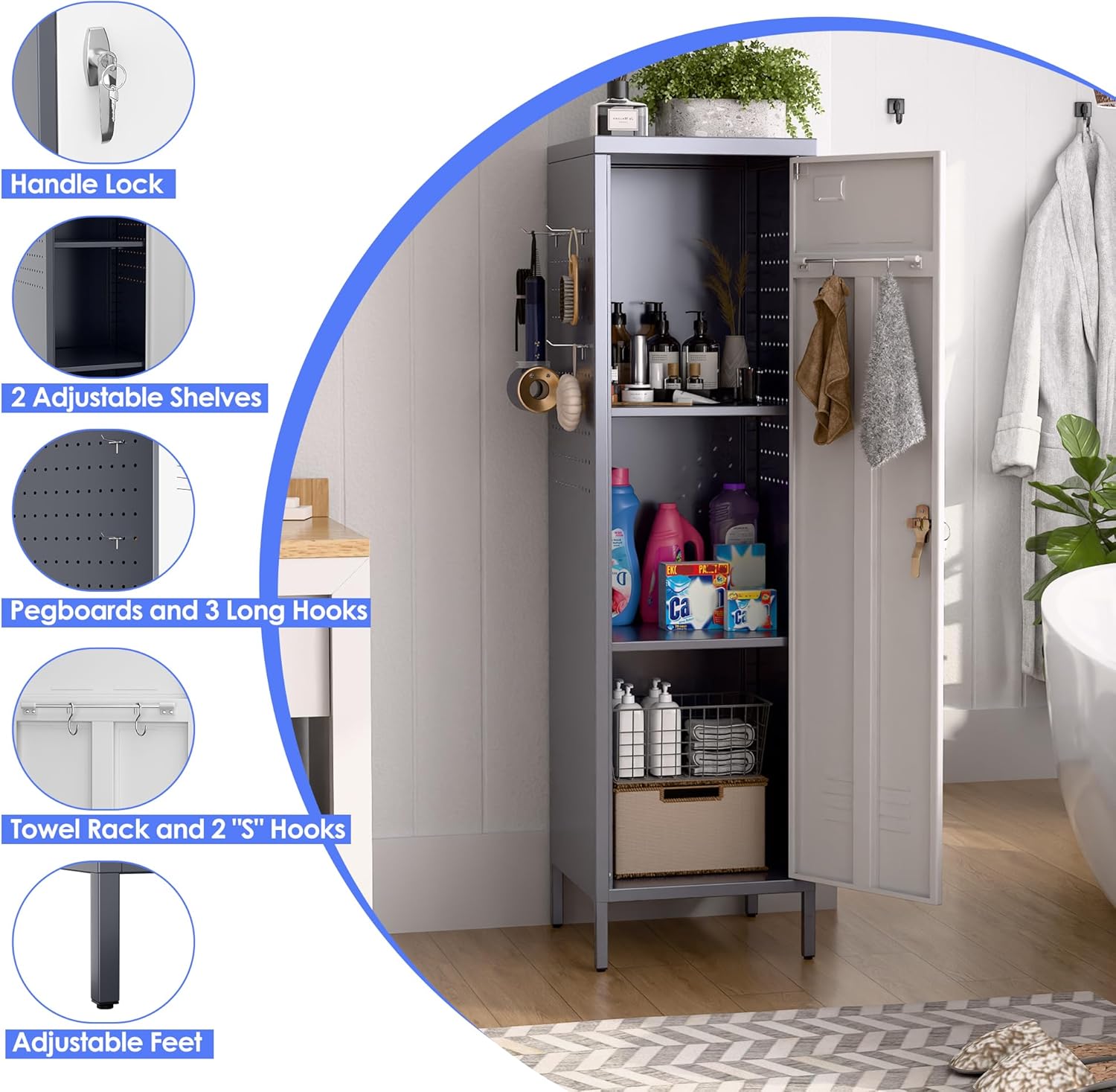 METAN Metal Storage Lockers with Handle Lock and 2 Adjustable Shelves,Office Storage Locker with Pegboards and Hooks,Assembly Required,Grey White