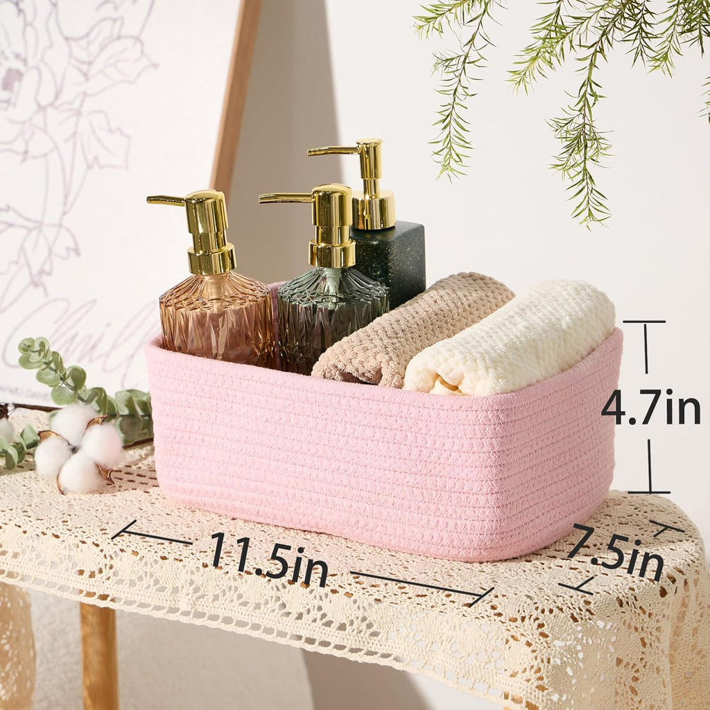 Small Storage Baskets for Organizing | Closet Organizer Bins | Shelf Toy Basket | Woven Rope Baskets | Cube Decorative Box | Shallow Basket | 11.5x7.5x4.7” | 3 Packs Pink