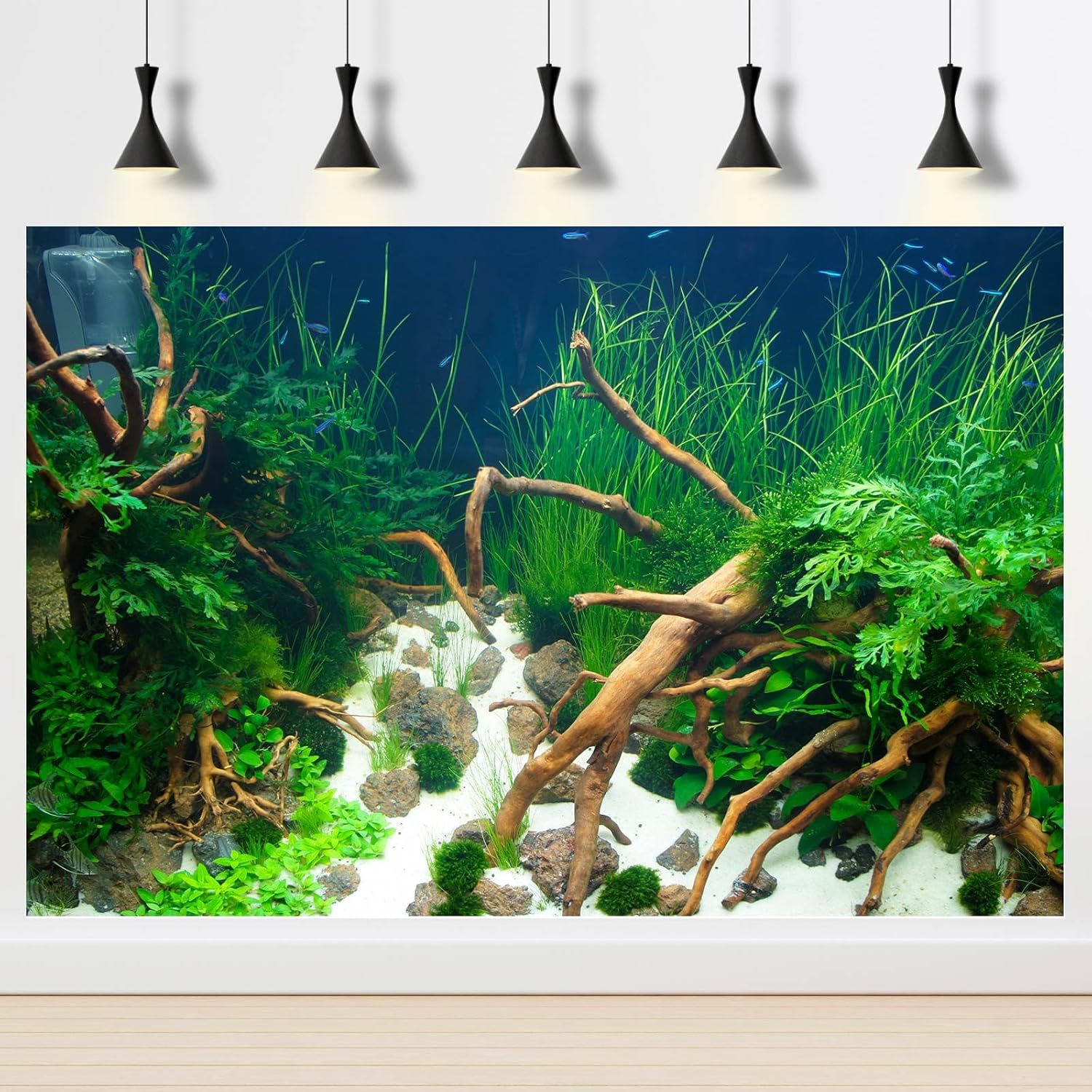 Aquarium Background Various Underwater Grass Plants Aquarium Backdrop Vivid and Fresh Green Aquatic Plants Stone River Bed and Dead Wood Yellow Stone Fish Tank Background 48x18in