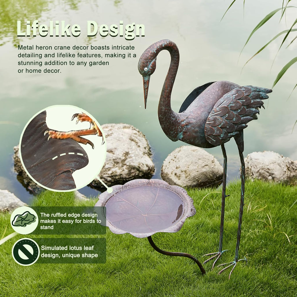 36’’H Crane Bird Bath, Metal Bird Baths for Outdoor, Birdbath for Outside Bird Feeder, Heron Garden Statues Decor