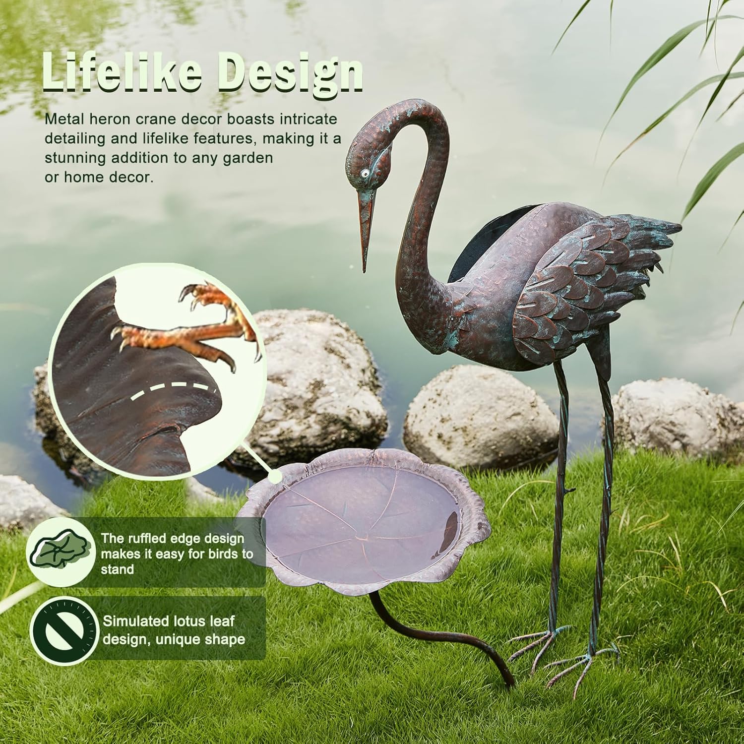 36’’H Crane Bird Bath, Metal Bird Baths for Outdoor, Birdbath for Outside Bird Feeder, Heron Garden Statues Decor