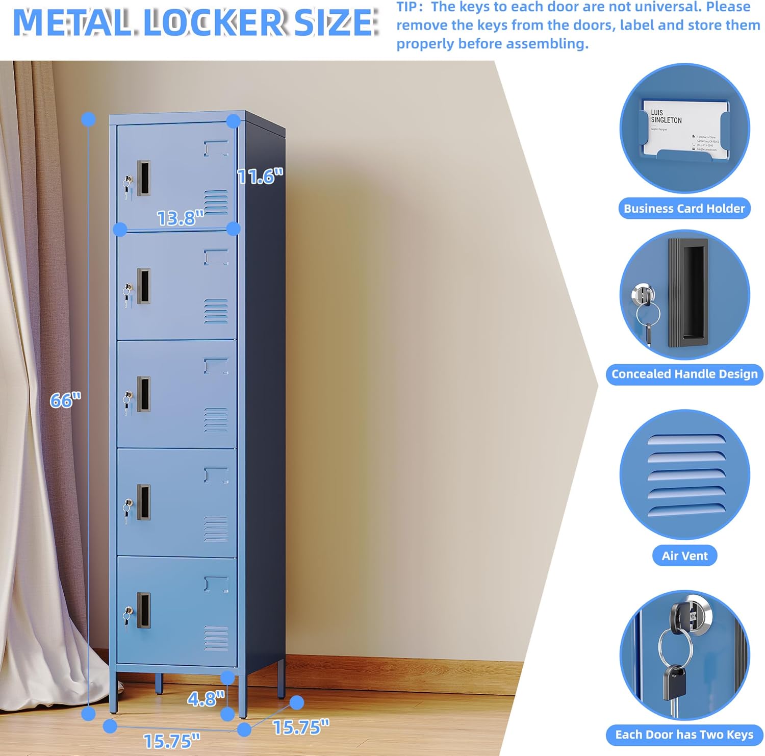 METAN Metal Storage Employees Locker with 5 Lockable Doors,Locking Storage Cabinets for Small Spaces,Home,School,Gym,Assembly Required,Blue