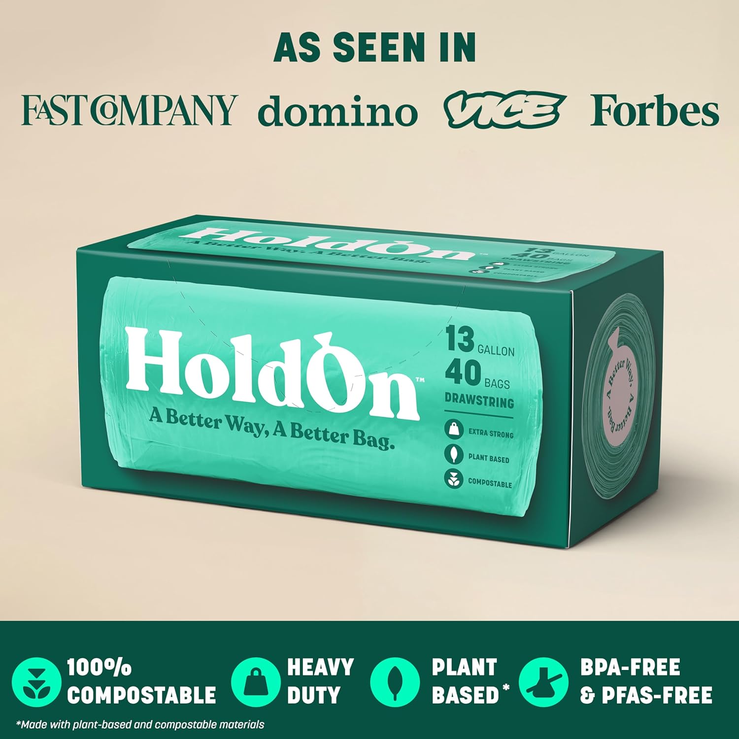 HoldOn 13-Gallon Trash Bags – Plant-based Tall Kitchen Trash Bags with Drawstring Handles for Tall Trash Bins, Heavy-duty and Compostable Large Trash Bags (40 bags)