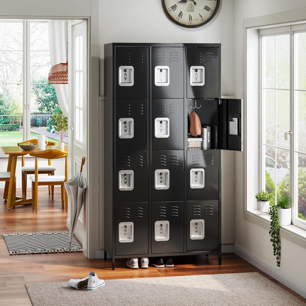 METAN Metal Locker for School Office Gym Bedroom, 12 Doors Black Steel Storage Locker Cabinet for Employees, Industrial Storage Locker, Assembly Required (12 Door-Black)