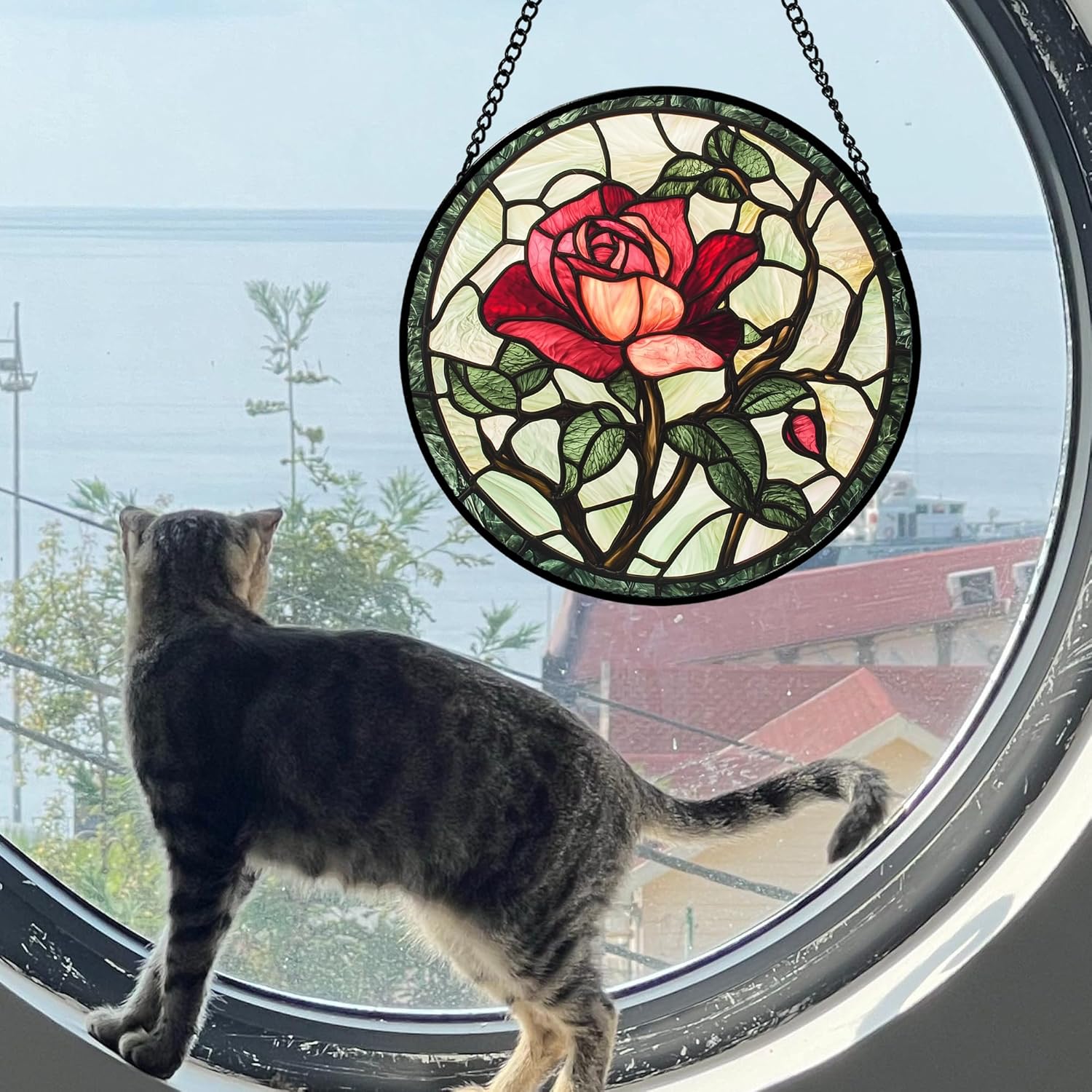 Stained Glass Window Hanging, Red Rose Flowers Sun Catcher for Door Garden Home Decor Suncatcher Christmas Mother's Day Birthday Gifts for Women Lovers Men Wife Girlfriend Mom Nana 6.3 in