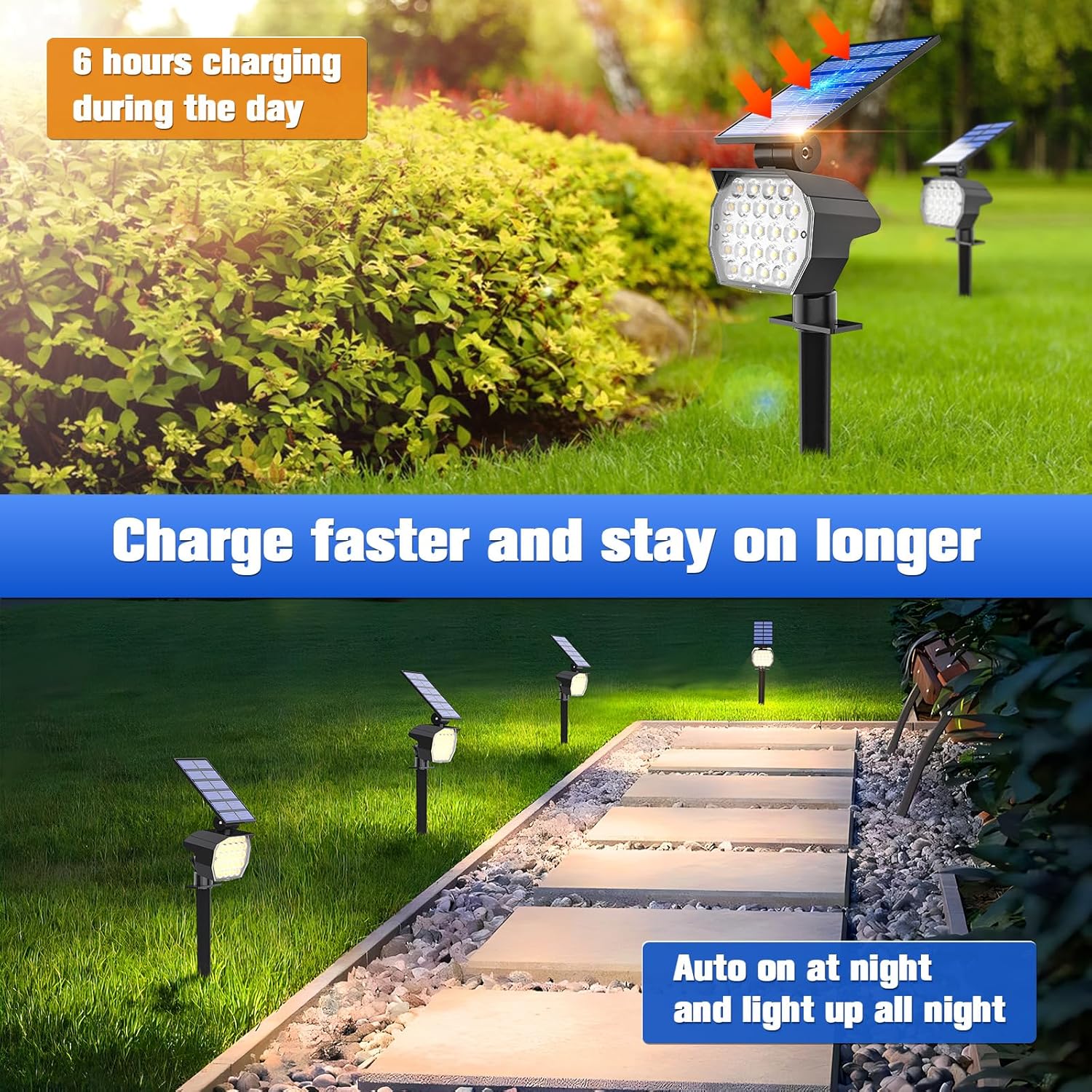 APONUO Solar Spotlights 6 Pack Uplights IP67, 23 LED, 3 Modes - Landscape, Tree, Outdoor Lights for Yard, Garden, House, Garage, Pathway (Warm White)