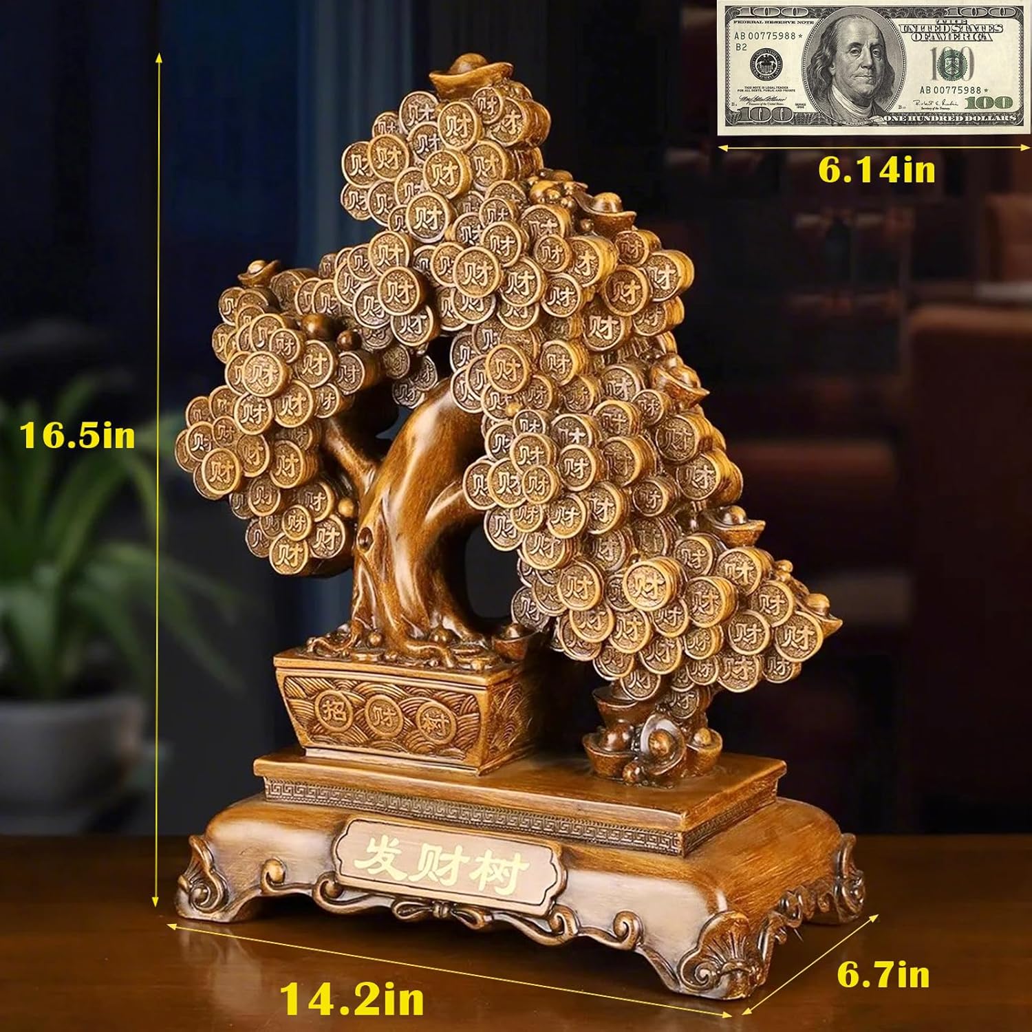 FENGSHUI-CAISHEN Top Resin Money Tree, Artificial Bonsai Tree, Handcrafted, Premium Quality, Feng Shui Gift for Abundance Luck and Success (Brown)