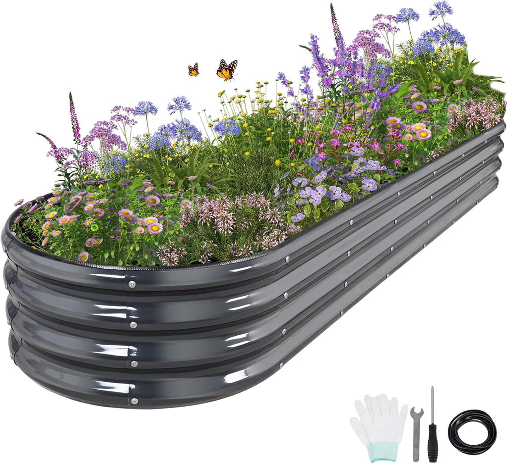 Galvanized Raised Garden Bed Outdoor- Raised Beds for Gardening| Metal Planter Box, Steel Raised Garden Bed Kit with Safety Edging and Gloves for Vegetables, Flower, Herbs (8x2x1FT, Gray)