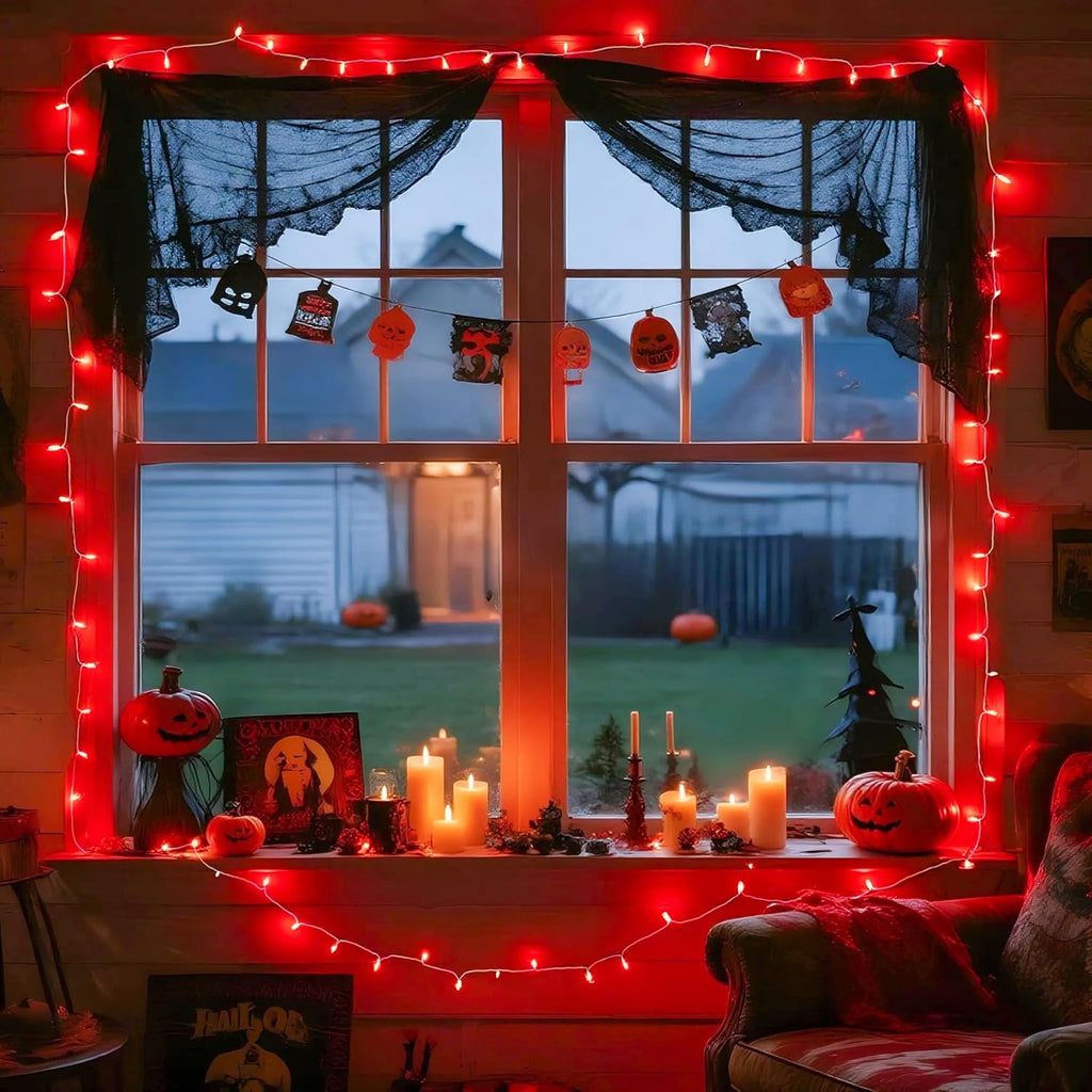 JMEXSUSS 33ft 100 LED Red Halloween Lights, 8 Modes Room String Light Indoor Plug-in, Clear Wire Red Christmas Lights Outdoor Waterproof for Halloween Bedroom, Party