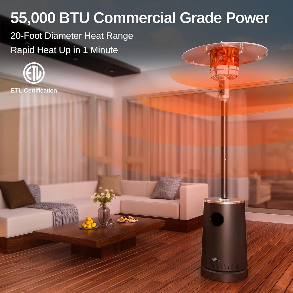 EAST OAK 55,000 BTU Patio Heater with Sand Box, Table Design, Thicker Stainless Steel Burner, Wheels, Triple Protection System, Propane Outdoor Heater for Home and Residential, Commercial Grade, Brown