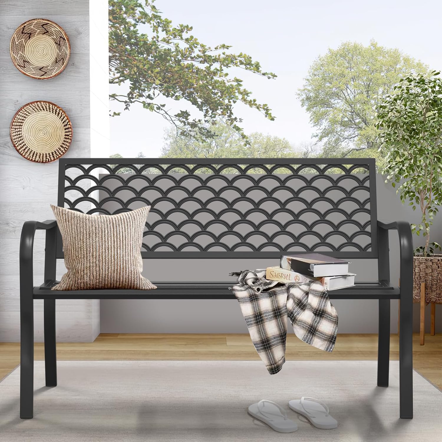 Outdoor Garden Bench Cast Iron Steel Outdoor Bench Clearance Weatherproof Metal Park Bench for Porch, Yard, Lawn, Deck (Scale)