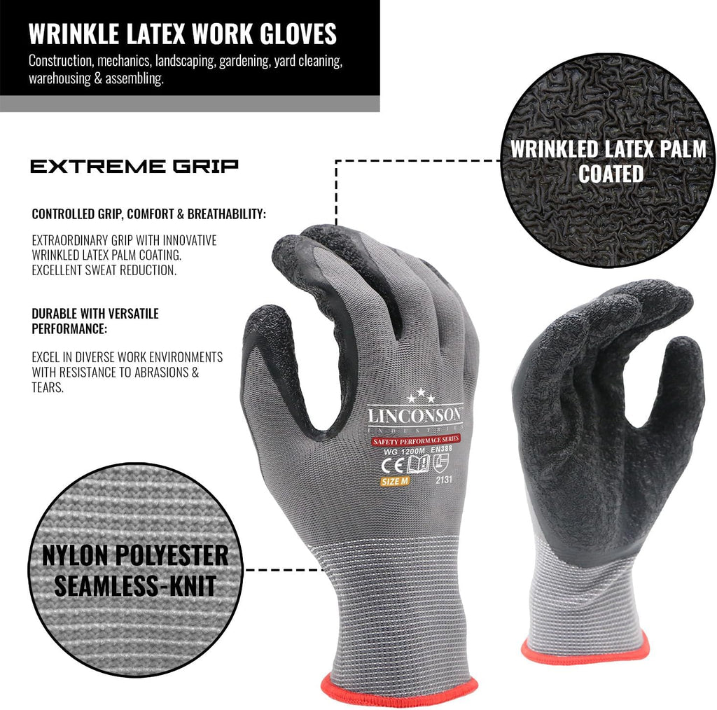 linconson 12 Pack Safety Performance Series Construction Mechanics Wrinkle Latex Work Gloves