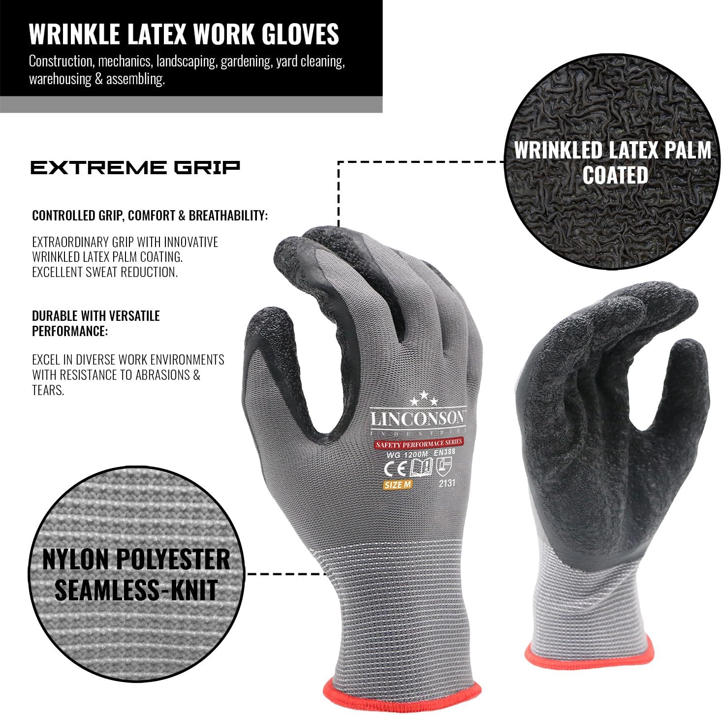 linconson 12 Pack Safety Performance Series Construction Mechanics Wrinkle Latex Work Gloves