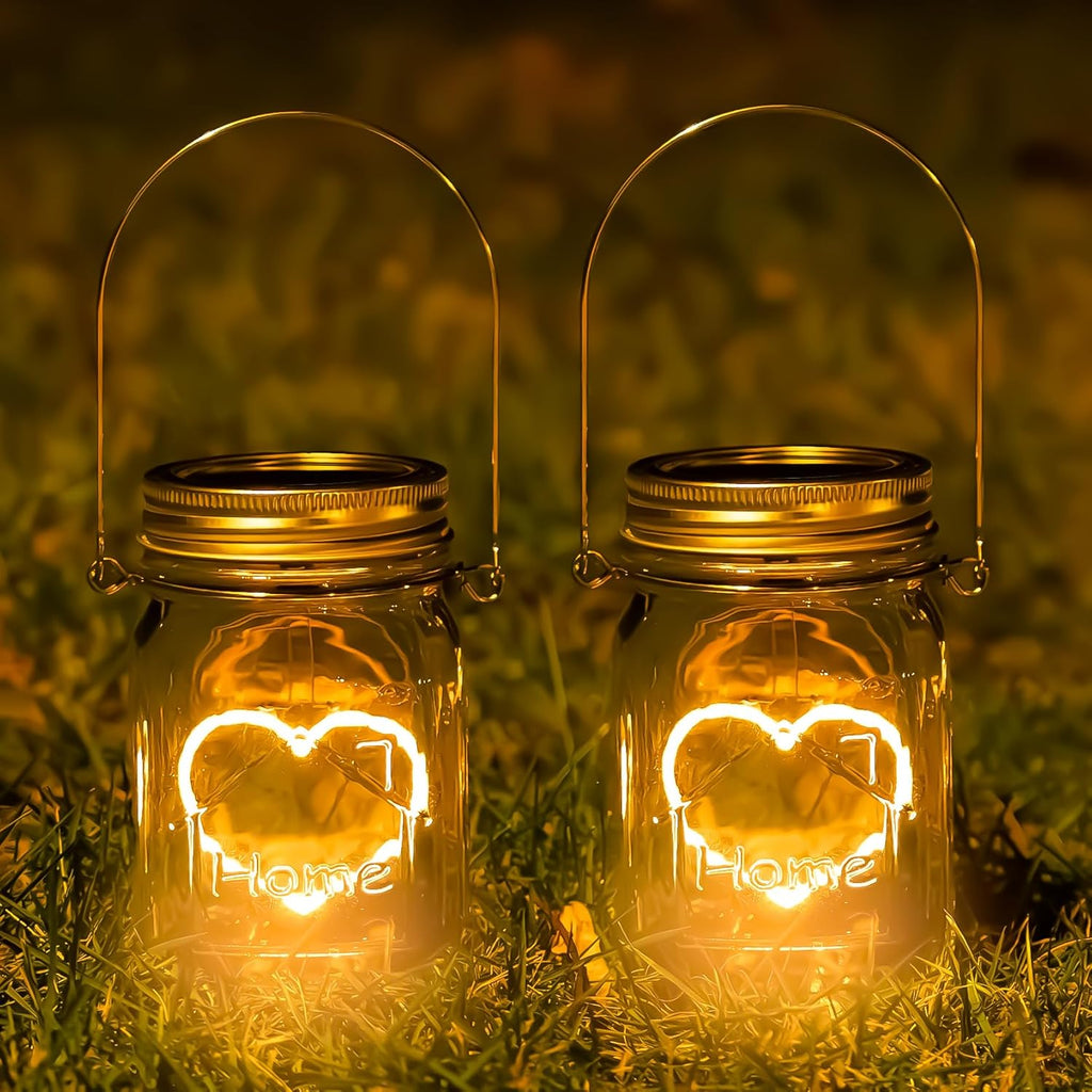 Hanging Solar Mason Jar Lights, 4 Pack Heart Shape Led Lights, Solar Lanterns Outdoor Waterproof Lights, Hangers and Jars Included, Gift for Mothers Day,Home Party Wedding Lover Garden Patio Decor (4)