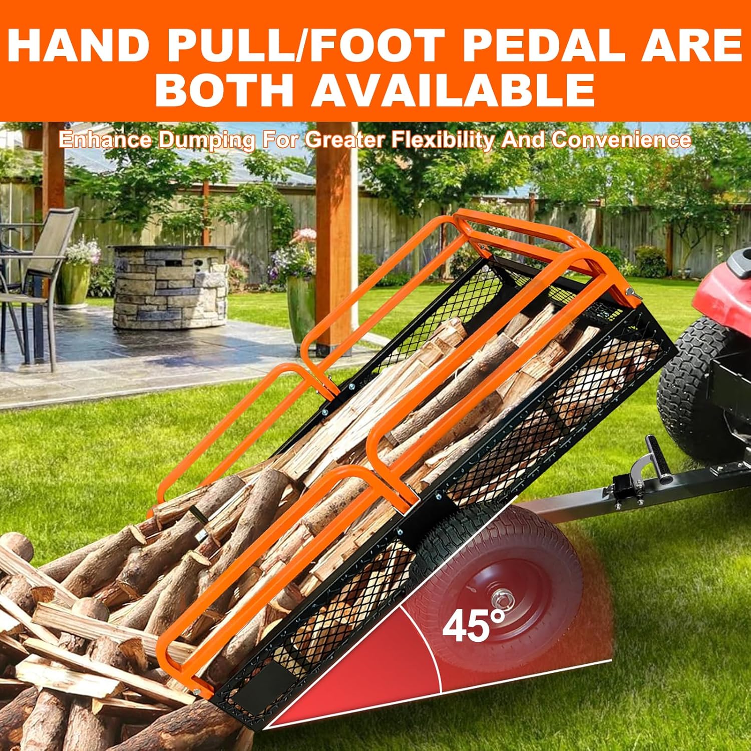 Heavy Duty Steel Garden Cart, 1500Lbs Yard Garden Pull Behind Dump Trailer with Removable Sides for Atvs Utvs Lawn Garden Tractors, Orange