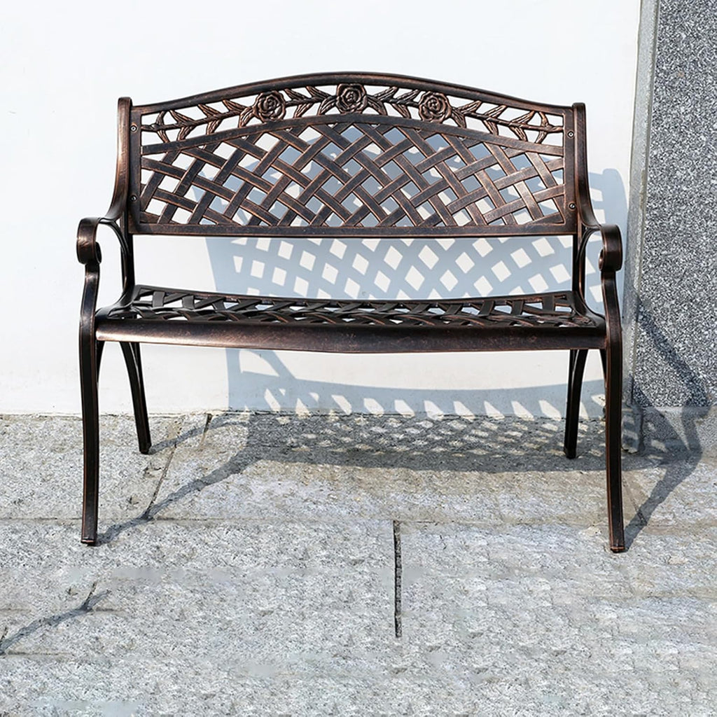 Outdoor Bench Chair Cast Aluminum Garden Bench Patio Bench All-Weather Park Bench for Backyard Porch Lawn (100cm Rose Park Bench)