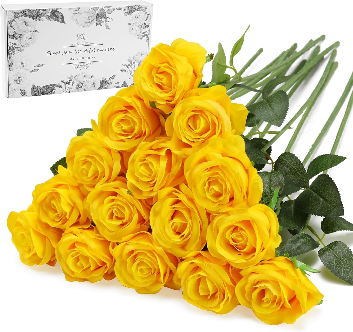 Yellow Fake Roses Artificial Flowers - 16 Pcs Fake Artificial Roses Silk Flowers with Stems for Home Wedding Hotel Office Centerpiece Decor