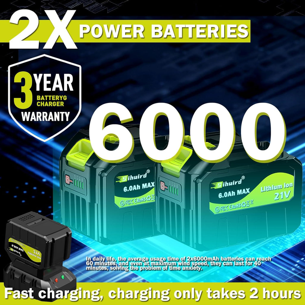 Leaf Blower Cordless,2 x 21V 6.0Ah Battery and Charger, with 680CFM 190MPH Electric Cordless Leaf Blower, 3-Variable Speed & Turbo Mode, Blowers for Lawn Care (5002 E) (Green)