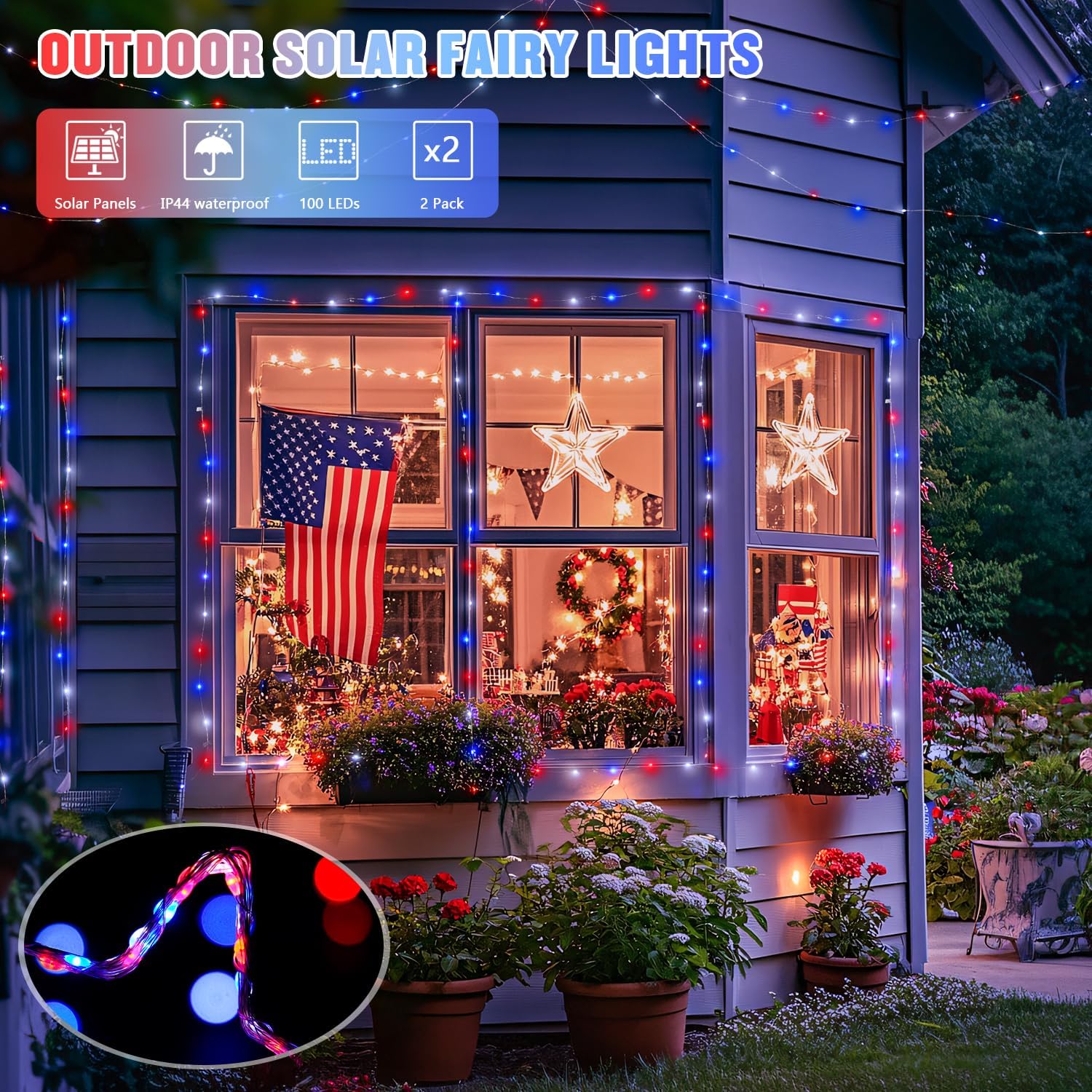 JMEXSUSS 2 Pack Red White and Blue Solar Lights, Each 100 LED 33FT Solar Fairy Lights Outdoor Waterproof, 4th of July Solar String Lights for Independence Day Outside Decorations