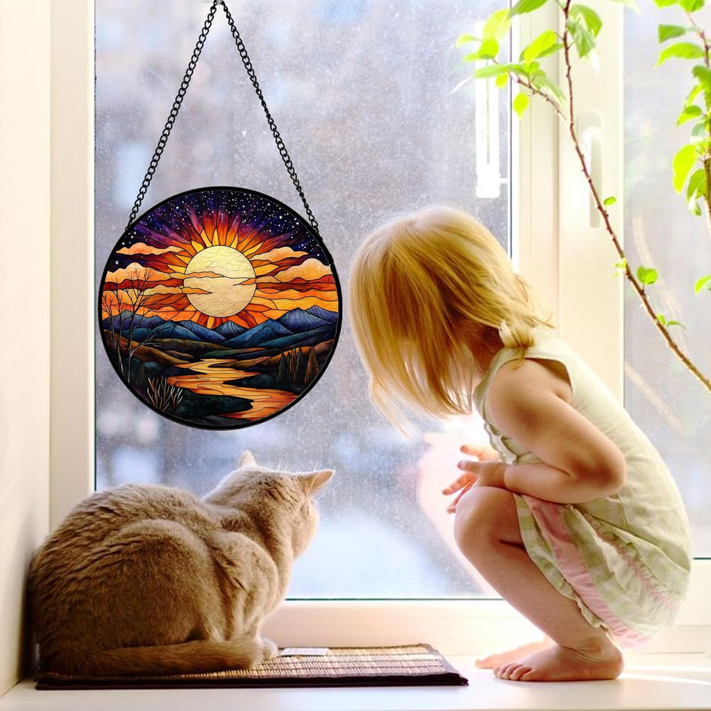 Stained Glass Window Hanging, The Sun Shines Brightly on Lake Sun Catchers Colorful Glass Panel Suncatcher Decor for Birthday for Women, Men, Wife, Lovers, and Mom 11.8x11.8 in