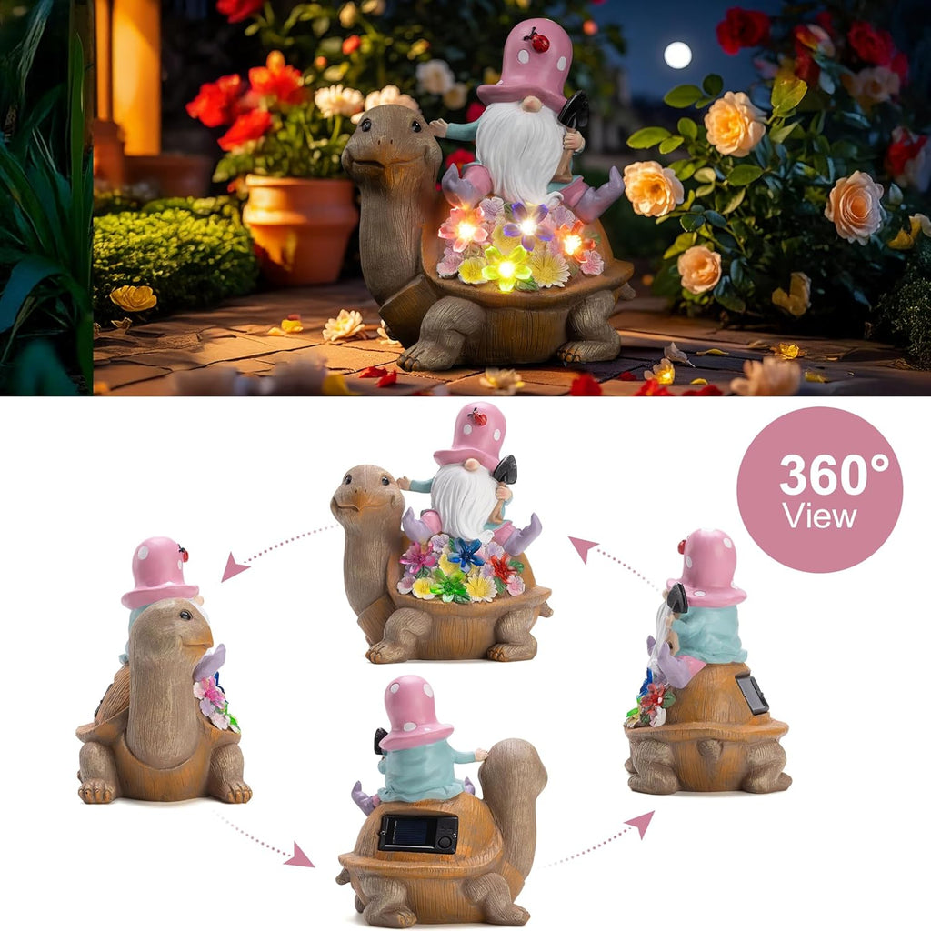 Solar Garden Outdoor Statue Turtle Gnome with Succulent and LED Light - Patio,Lawn,Garden,Tortoise Statue for Patio,Unique Housewarming Gifts