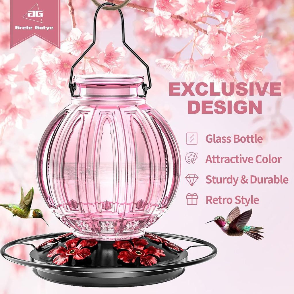 Glass Hummingbird Feeder for Outdoors Hanging, Bird Nectar Feeder with Perch & 5 Flower Feeding Ports, 26 Oz Leak Proof for Outside Garden Decor Backyard, Gifts for Women Mom, Pink