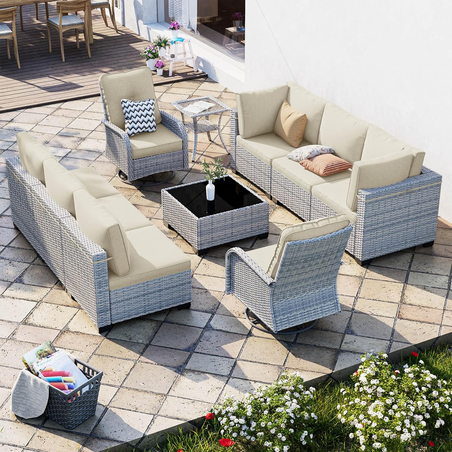 10-Piece Patio Furniture Set, Outdoor Patio Furniture with Swivel Chairs Set, Thick Cushions, Modular Patio Sofa, Dual-Strand Wicker Rattan, Rust-Resistant Frame, Ivory