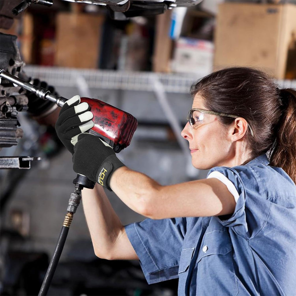 HLDD HANDLANDY Leather Work Gloves for Men & Women, Adjustable Wrist Cowhide Gardening Glove with Reinforced Palm for Driver