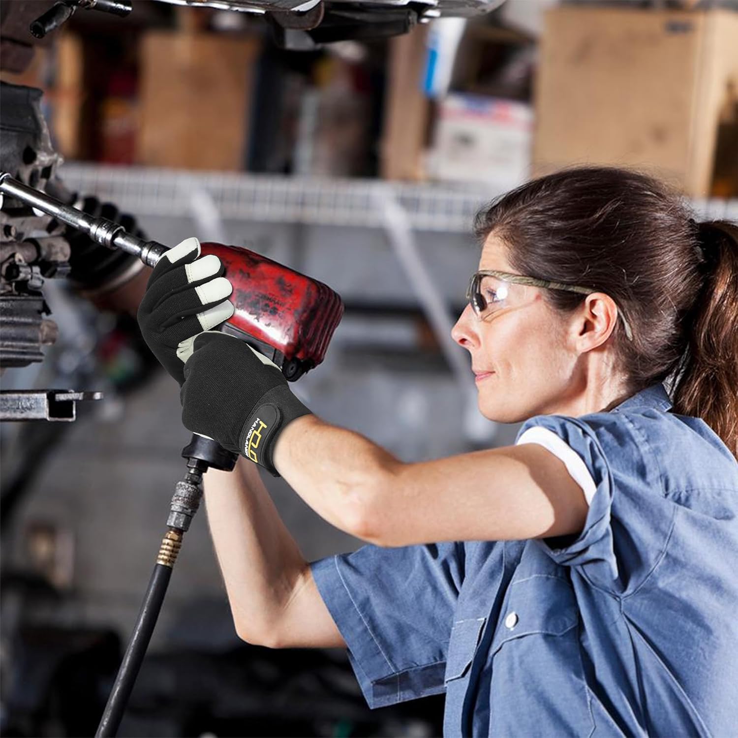 HLDD HANDLANDY Leather Work Gloves for Men & Women, Adjustable Wrist Cowhide Gardening Glove with Reinforced Palm for Driver