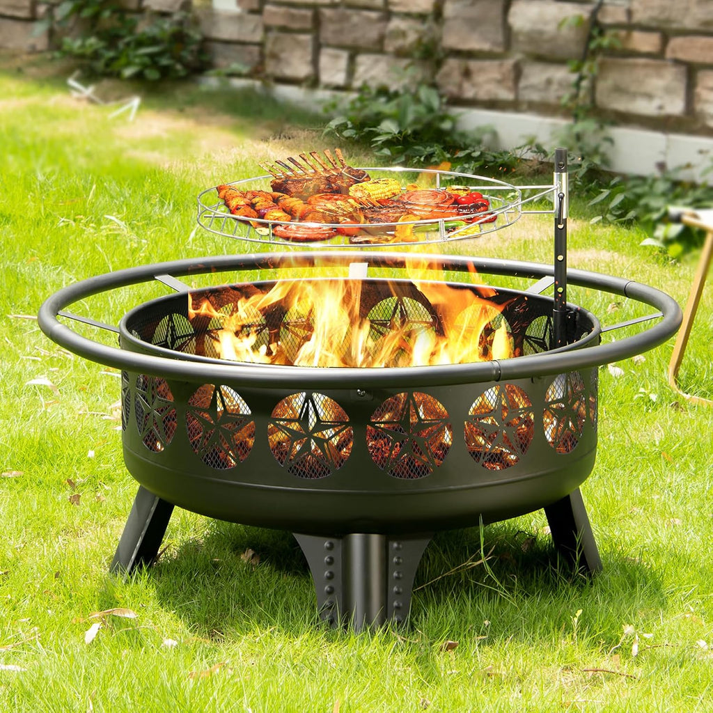 38” Wood Burning Fire Pits for Outside,3-in-1 Fire Pit with Grill, Spark Screen & Fire Poker,Outdoor Firepit Table with Swivel Cooking Grate for Yard BBQ Bonfire Patio Camping (38 inch)